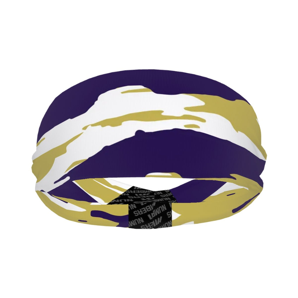 Athletic sports sweatband wide headband for youth and adult football, basketball, baseball, softball, gym workout, printed with purple, gold, and white colors. 