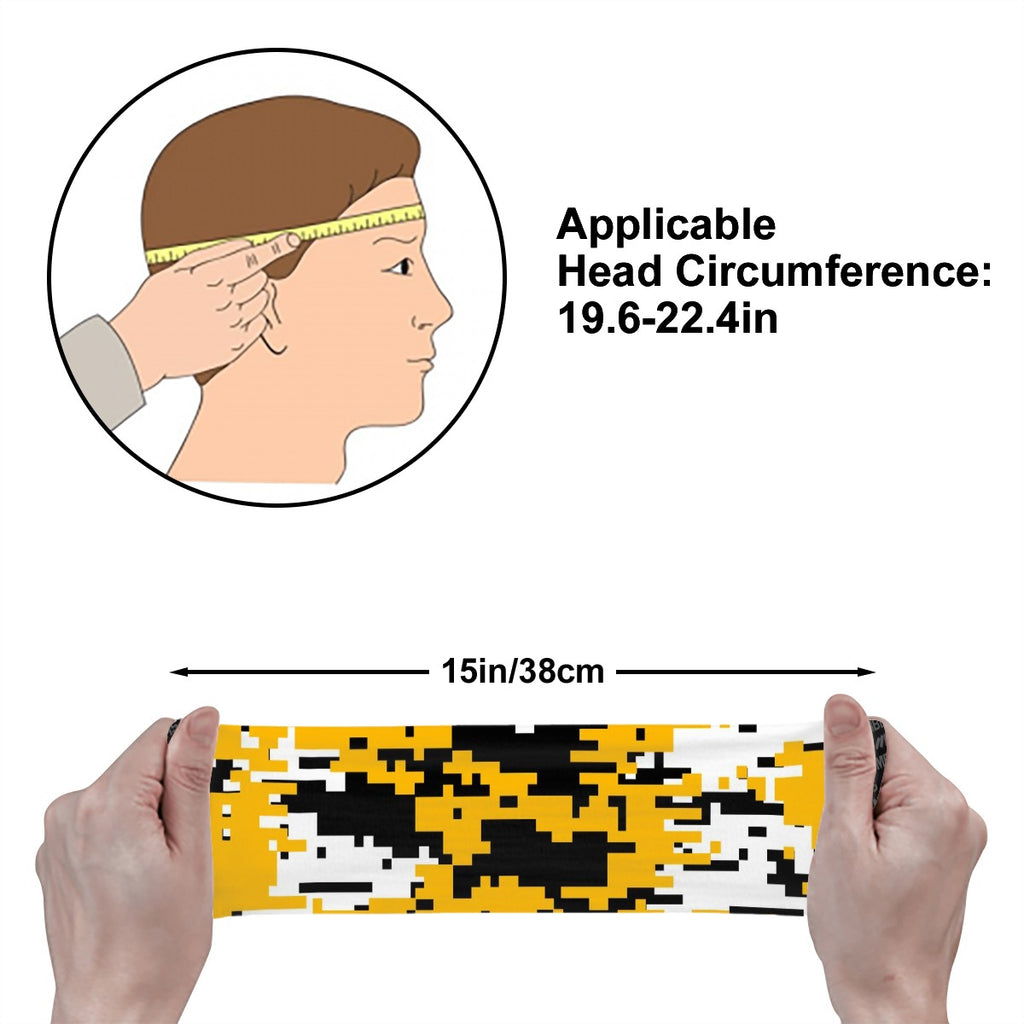 Athletic sports sweatband wide headband for youth and adult football, basketball, baseball, softball, gym workout, printed with black, yellow, and white colors. 