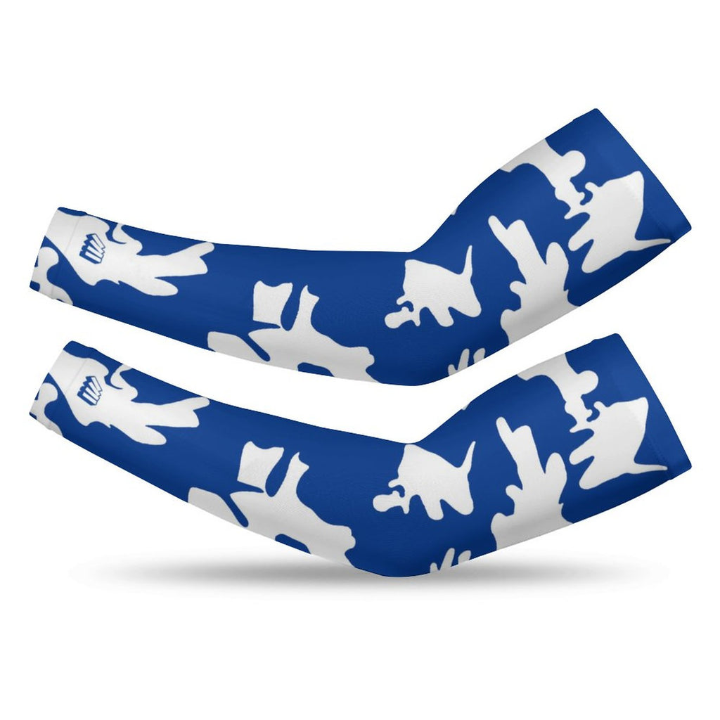 Athletic sports compression arm sleeve for youth and adult football, basketball, baseball, and softball printed with camo blue and white colors.