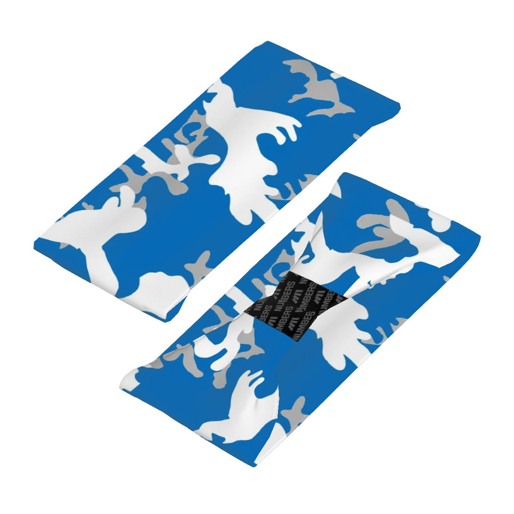 Athletic sports sweatband wide headband for youth and adult football, basketball, baseball, softball, gym workout, printed with light blue, white, and gray colors. 