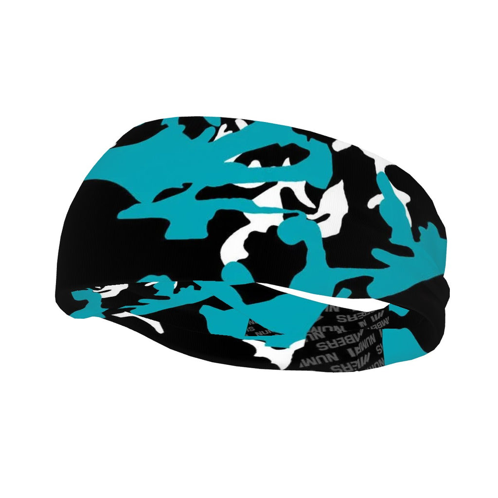 Athletic sports sweatband wide headband for youth and adult football, basketball, baseball, softball, gym workout, printed with turquoise, black, and white colors. 