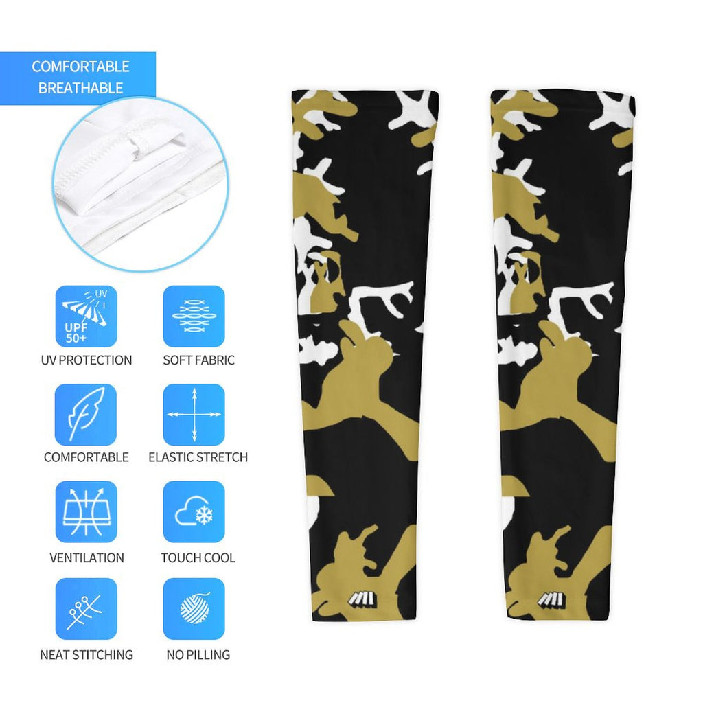 Athletic sports compression arm sleeve for youth and adult football, basketball, baseball, and softball printed with camo black, gold, and white colors. 
