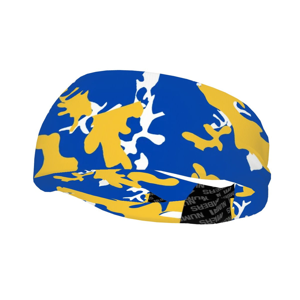 Athletic sports sweatband wide headband for youth and adult football, basketball, baseball, softball, gym workout, printed with blue, yellow, and white colors. 
