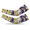 Athletic sports compression arm sleeve for youth and adult football, basketball, baseball, and softball printed with digicamo purple, gold, and white colors. 