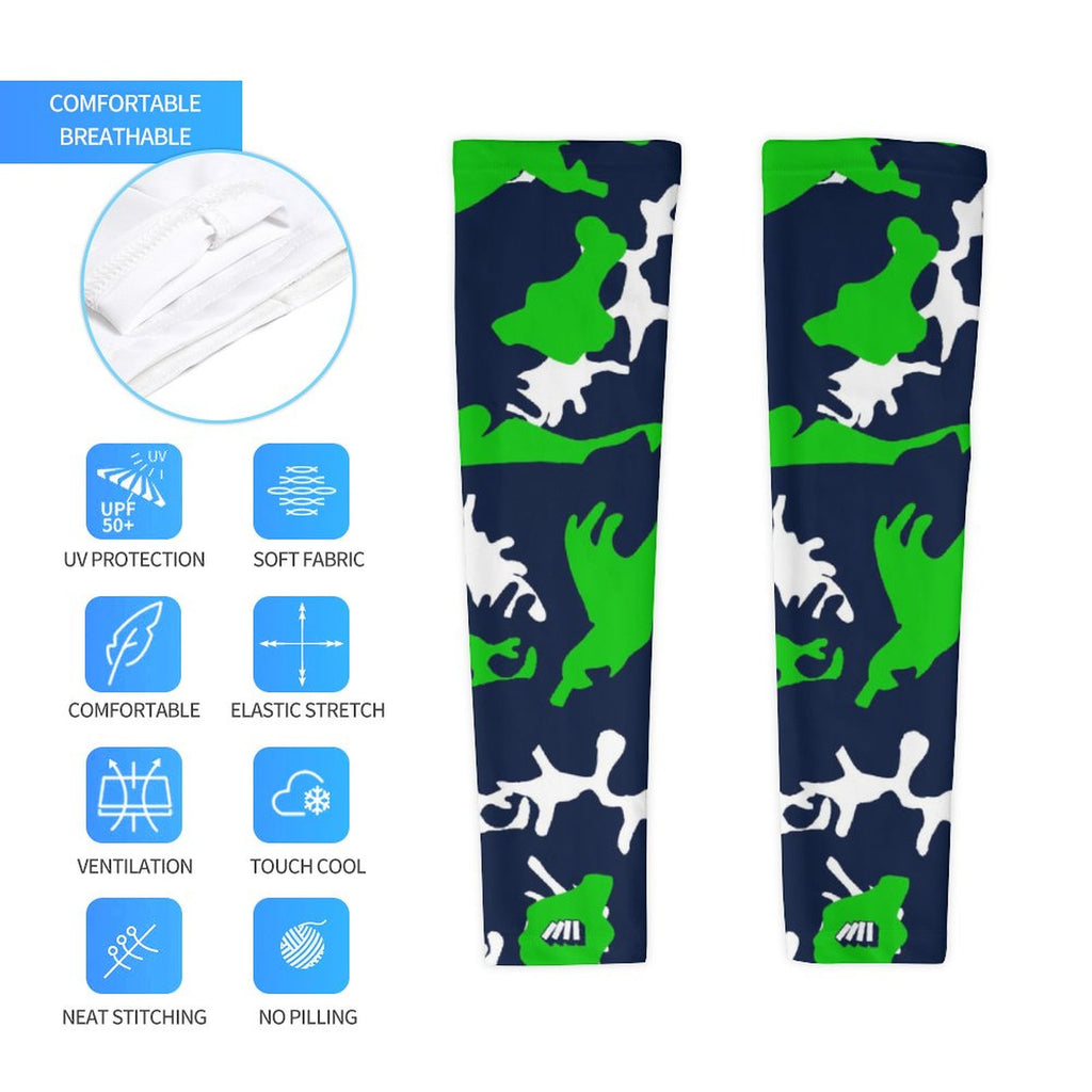 Athletic sports compression arm sleeve for youth and adult football, basketball, baseball, and softball printed with camo navy blue, green, and white colors.