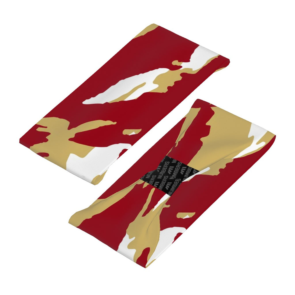 Athletic sports sweatband wide headband for youth and adult football, basketball, baseball, softball, gym workout, printed with maroon, gold, and white colors. 