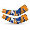 Athletic sports compression arm sleeve for youth and adult football, basketball, baseball, and softball printed with predator blue, orange, and white colors. 