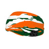 Athletic sports sweatband wide headband for youth and adult football, basketball, baseball, softball, gym workout, printed with orange, green, and white colors. 