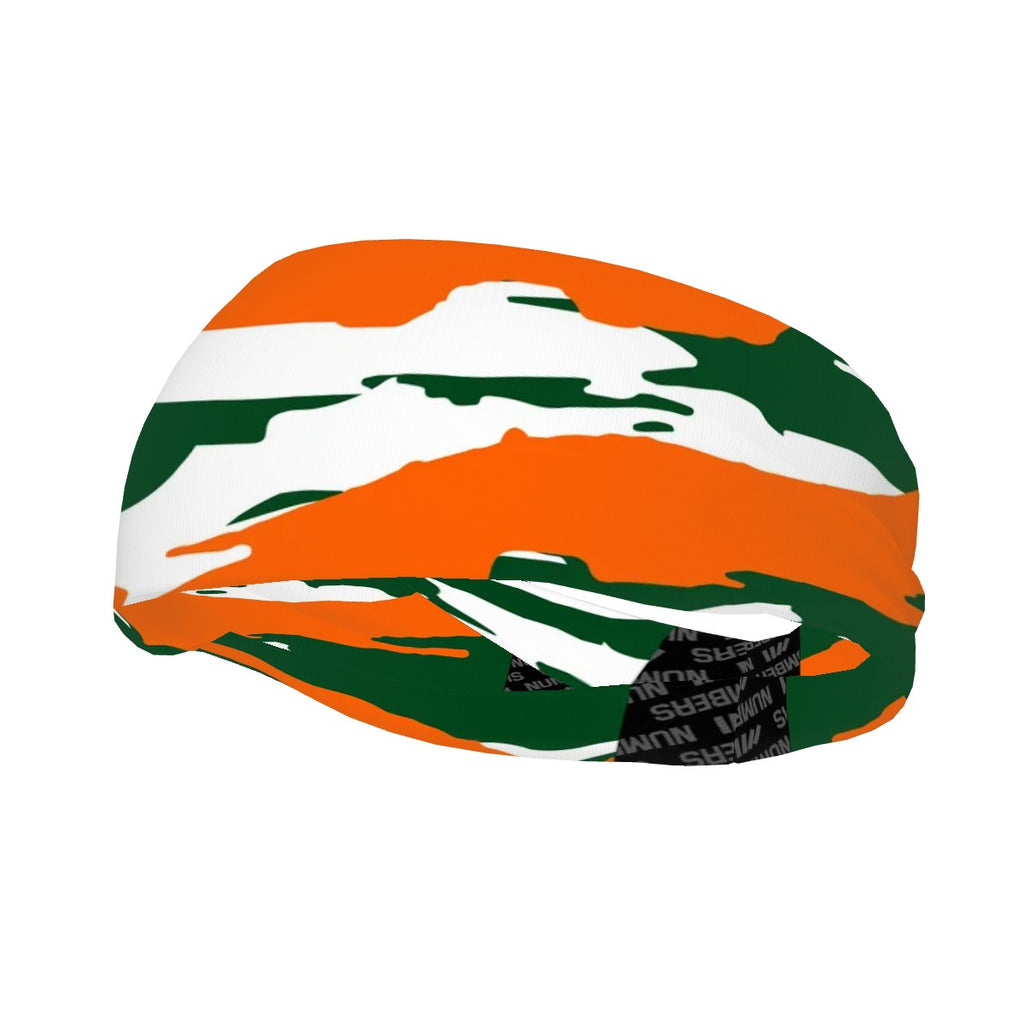 Athletic sports sweatband wide headband for youth and adult football, basketball, baseball, softball, gym workout, printed with orange, green, and white colors. 