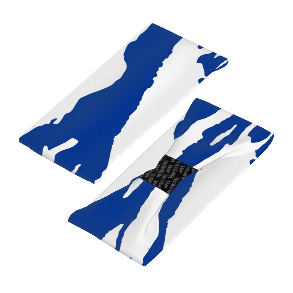 Athletic sports sweatband wide headband for youth and adult football, basketball, baseball, softball, gym workout, printed with royal blue and white colors. 