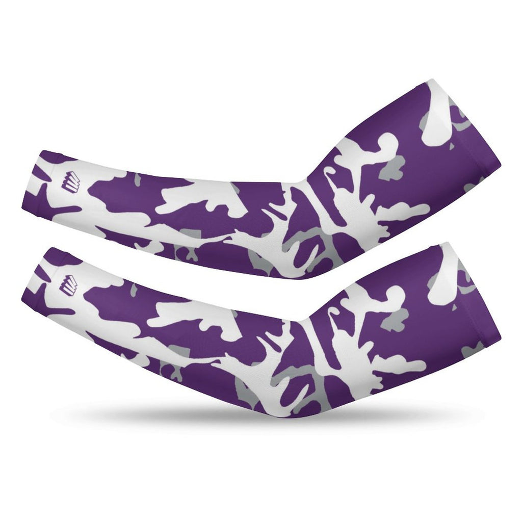 Athletic sports compression arm sleeve for youth and adult football, basketball, baseball, and softball printed with camo purple, white, and gray colors. 