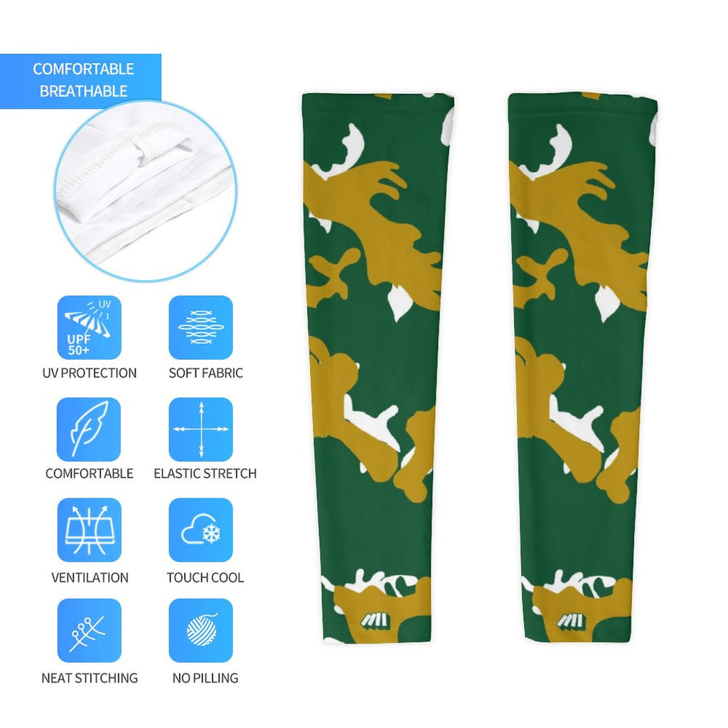 Athletic sports compression arm sleeve for youth and adult football, basketball, baseball, and softball printed with camo green, gold, and white colors.