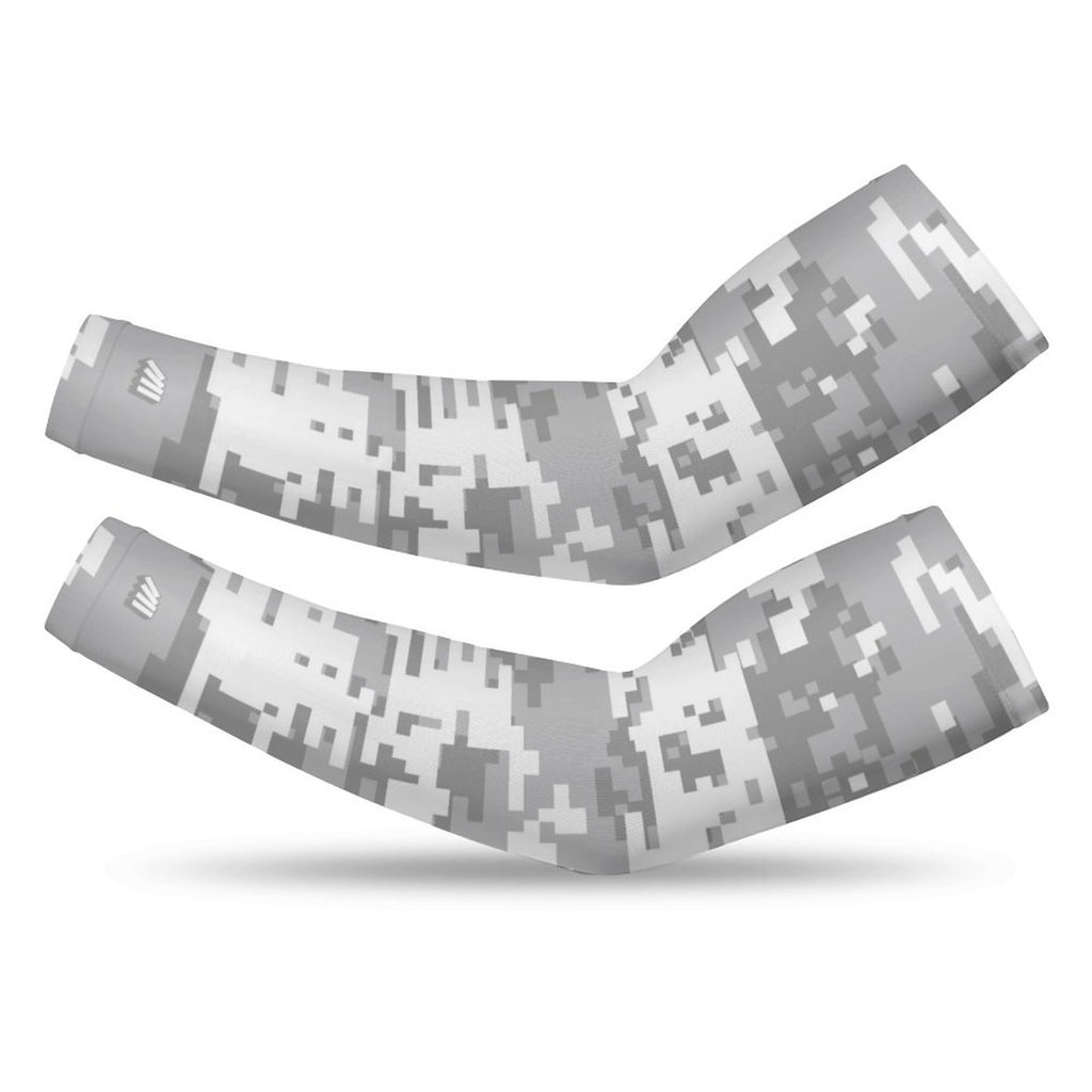 Athletic sports compression arm sleeve for youth and adult football, basketball, baseball, and softball printed with digicamo gray and white colors. 