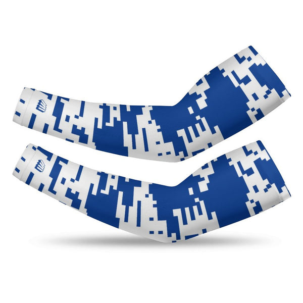 Athletic sports compression arm sleeve for youth and adult football, basketball, baseball, and softball printed with digicamo royal blue and white colors. 