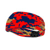 Athletic sports sweatband wide headband for youth and adult football, basketball, baseball, softball, gym workout, printed with navy blue, red, and gold colors. 
