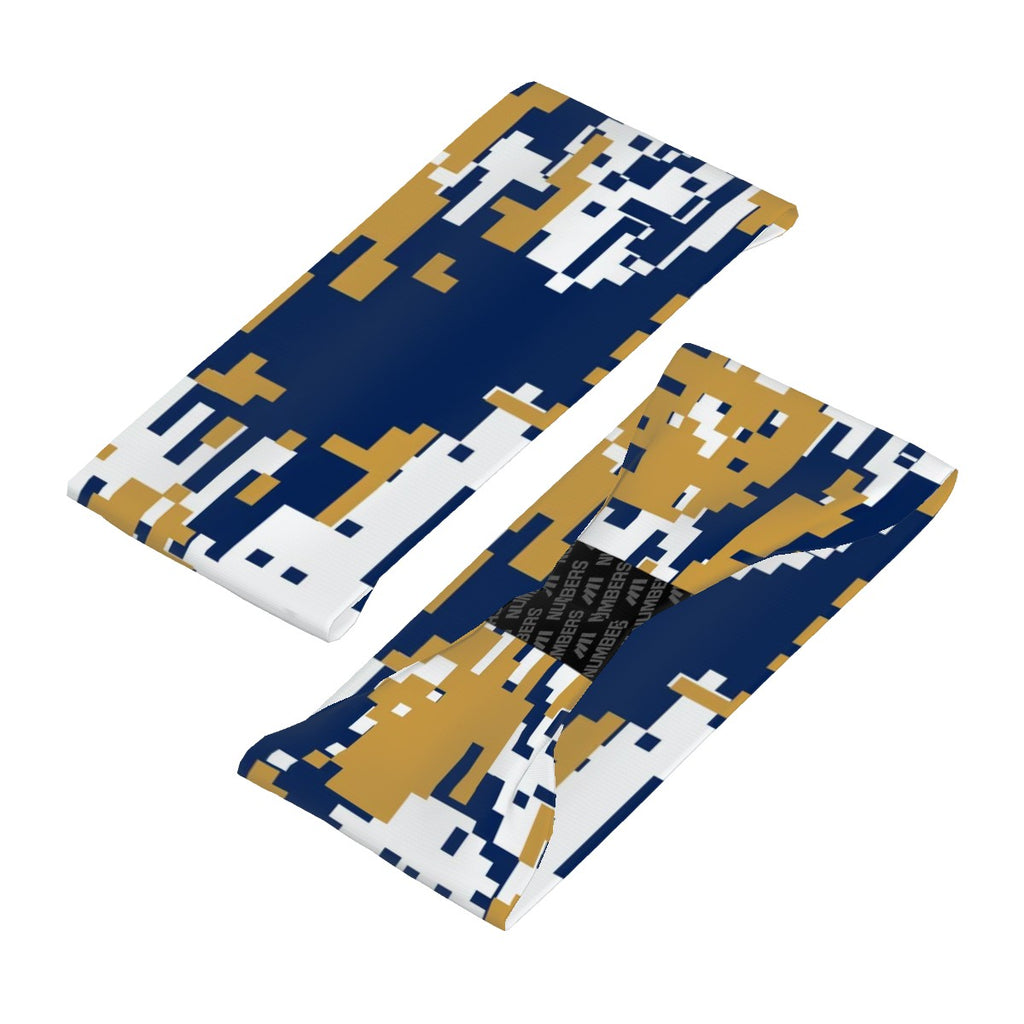 Athletic sports sweatband wide headband for youth and adult football, basketball, baseball, softball, gym workout, printed with navy blue, gold, and white colors. 