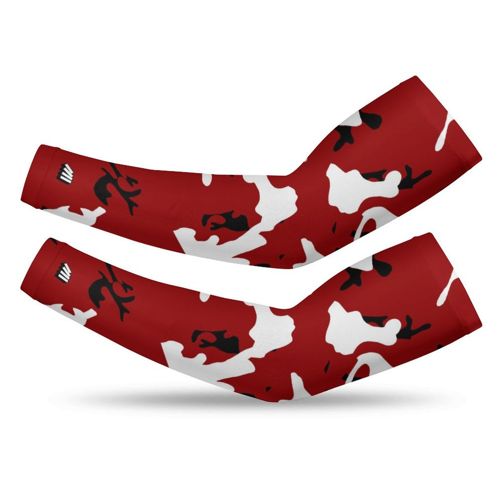 Athletic sports compression arm sleeve for youth and adult football, basketball, baseball, and softball printed with camo maroon, white, and black colors. 