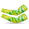 Athletic sports compression arm sleeve for youth and adult football, basketball, baseball, and softball printed with digicamo neon yellow, neon green, and white colors. 