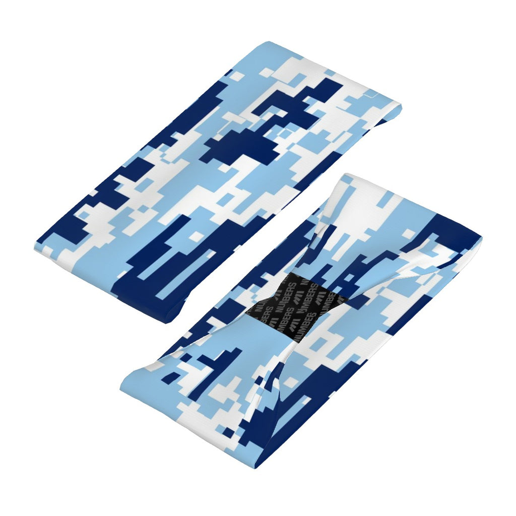 Athletic sports sweatband wide headband for youth and adult football, basketball, baseball, softball, gym workout, printed with navy blue, baby blue, and white colors.