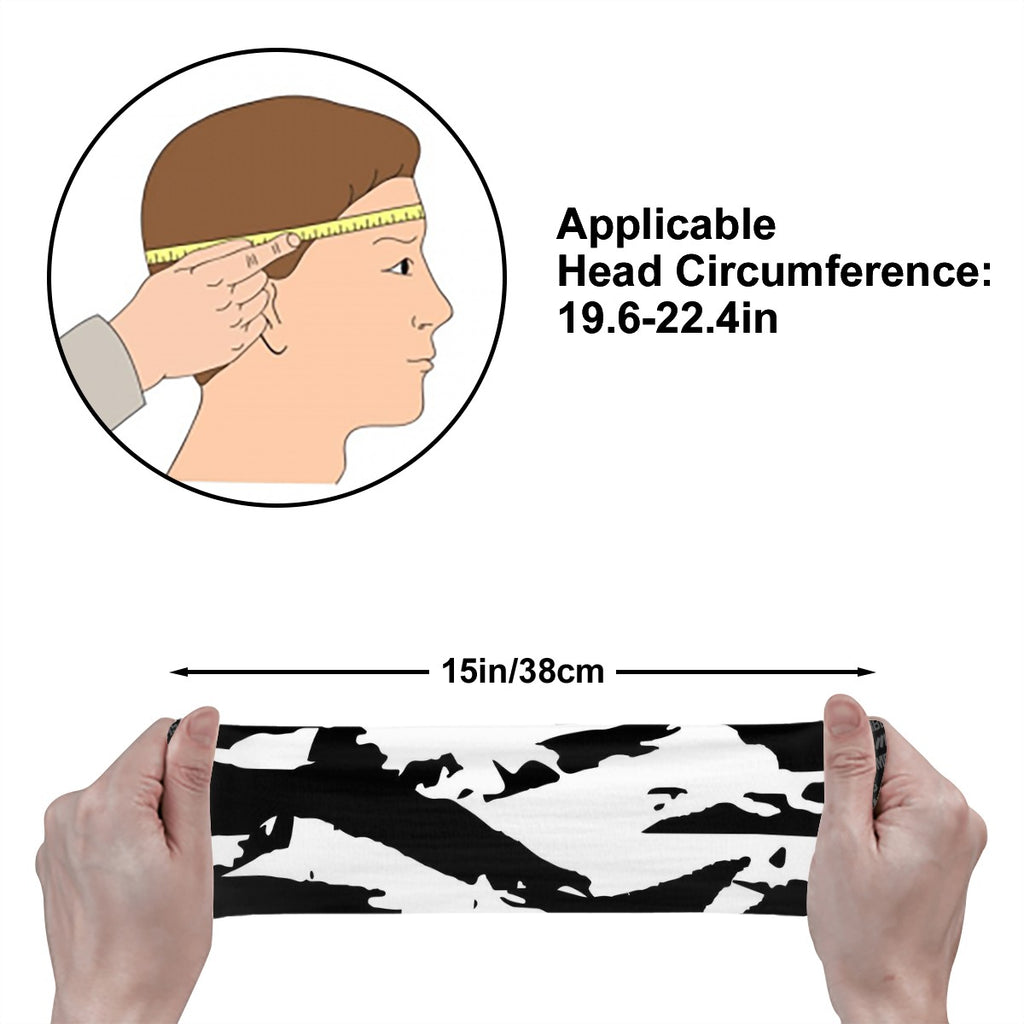 Athletic sports sweatband wide headband for youth and adult football, basketball, baseball, softball, gym workout, printed with black, and white colors. 