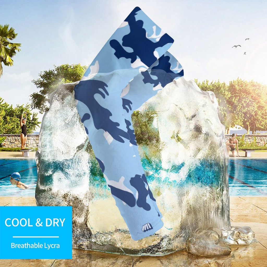 Athletic sports compression arm sleeve for youth and adult football, basketball, baseball, and softball printed with camo baby blue, navy blue, and white colors. 