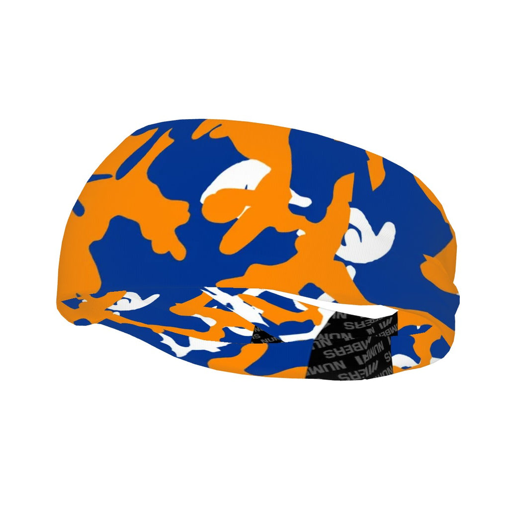 Athletic sports sweatband wide headband for youth and adult football, basketball, baseball, softball, gym workout, printed with royal blue, orange, and white colors. 