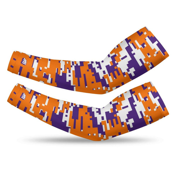 Athletic sports compression arm sleeve for youth and adult football, basketball, baseball, and softball printed with digicamo purple, orange, and white colors.  