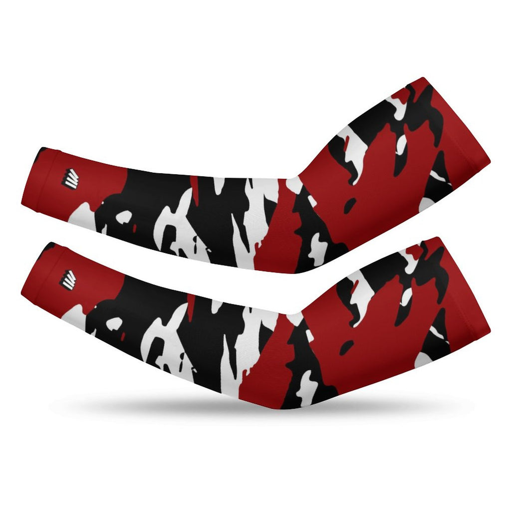 Athletic sports compression arm sleeve for youth and adult football, basketball, baseball, and softball printed with predator maroon, white, and black colors. 