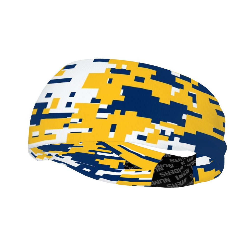 Athletic sports sweatband wide headband for youth and adult football, basketball, baseball, softball, gym workout, printed with navy blue, yellow, and white colors. 