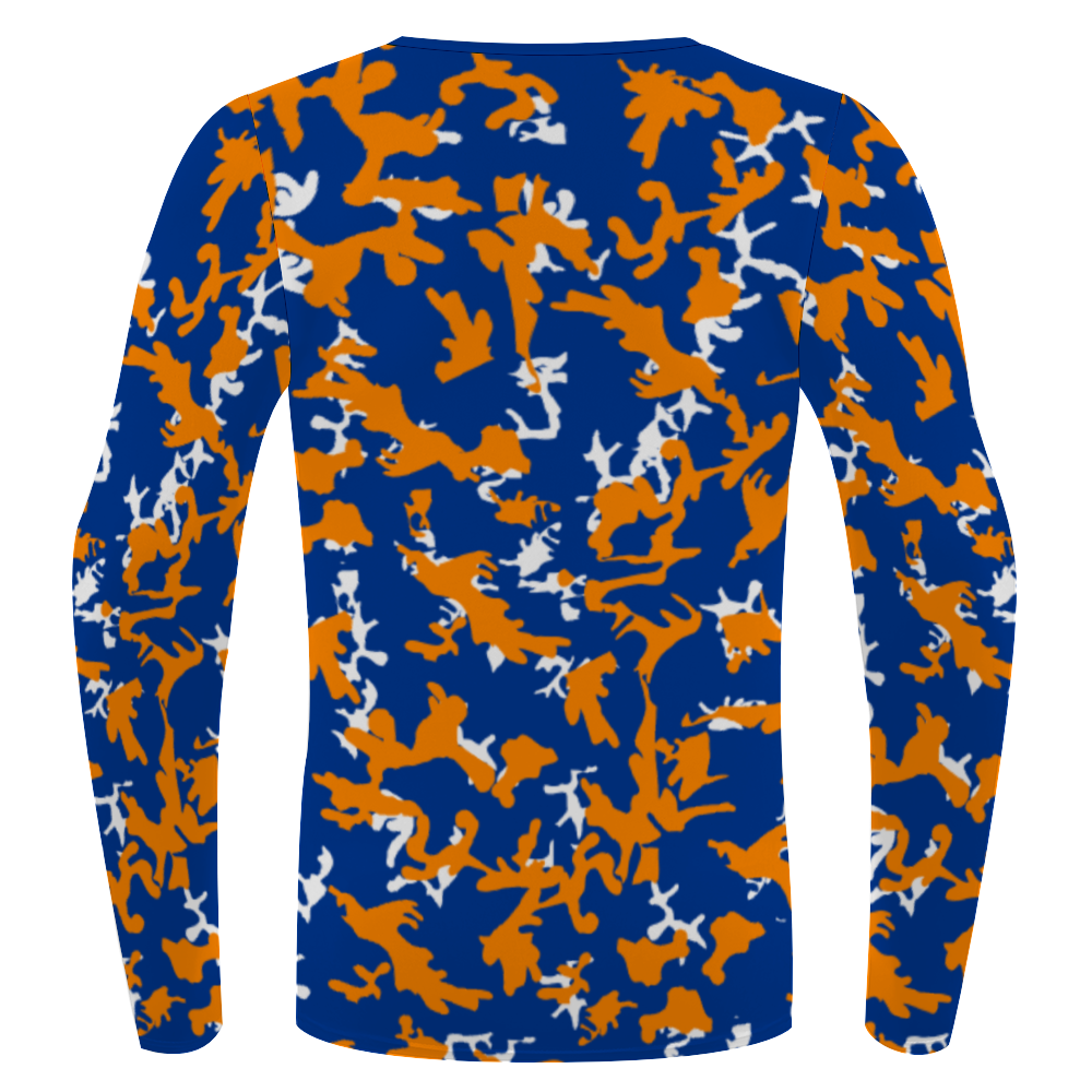 Athletic sports performance shirt for youth and adult football, basketball, baseball, softball, practice, training, etc. printed with camouflage orange, blue, white colors New York Knicks