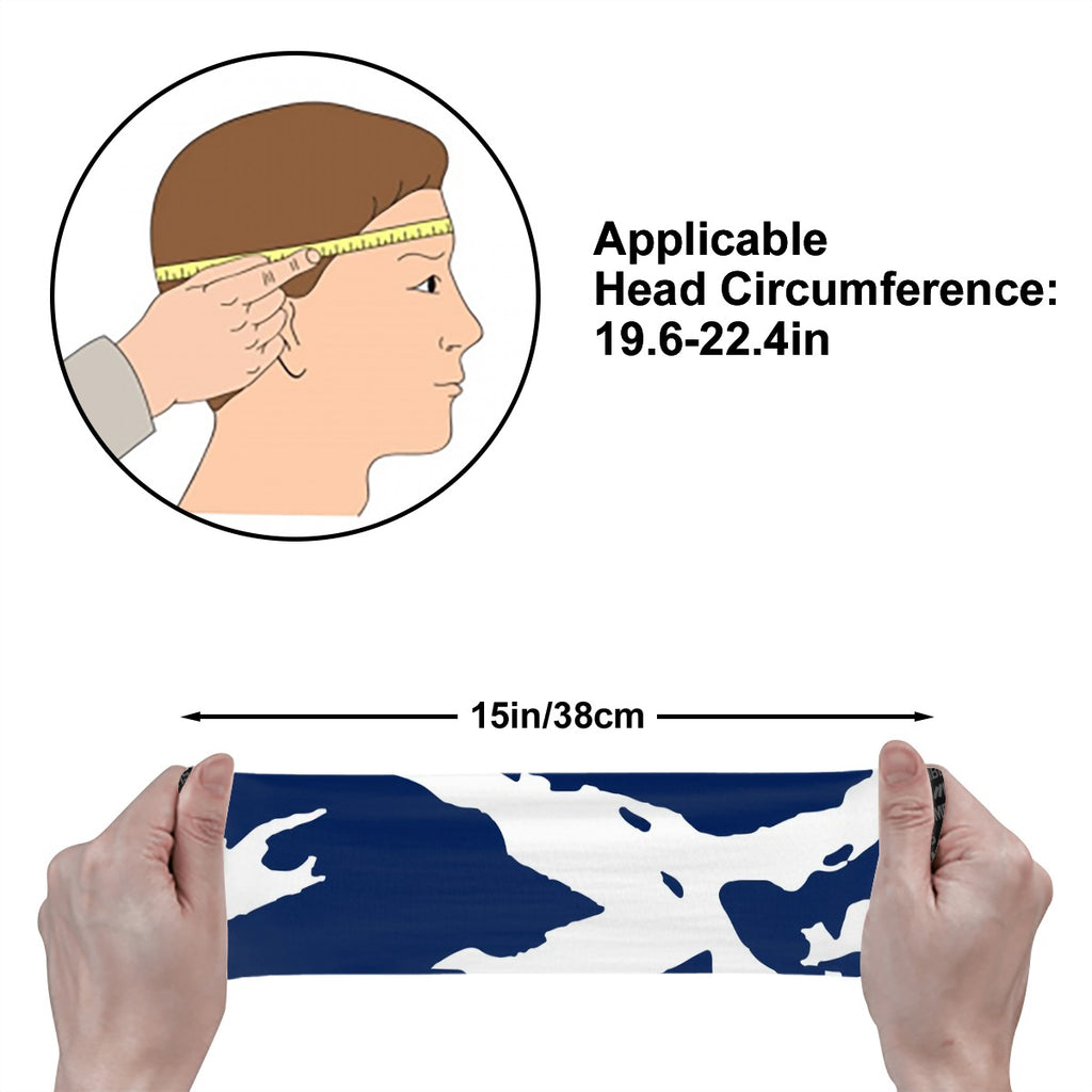 Athletic sports sweatband wide headband for youth and adult football, basketball, baseball, softball, gym workout, printed with navy blue and white colors. 
