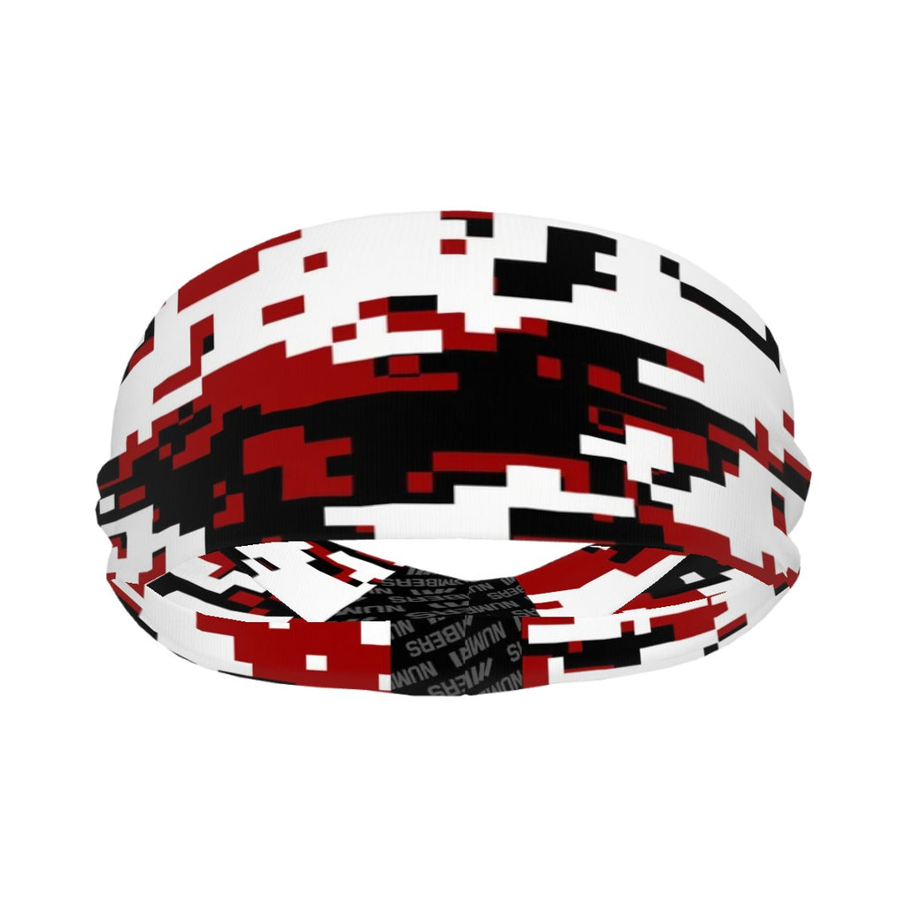 Athletic sports sweatband wide headband for youth and adult football, basketball, baseball, softball, gym workout, printed with maroon, black, and white colors. 