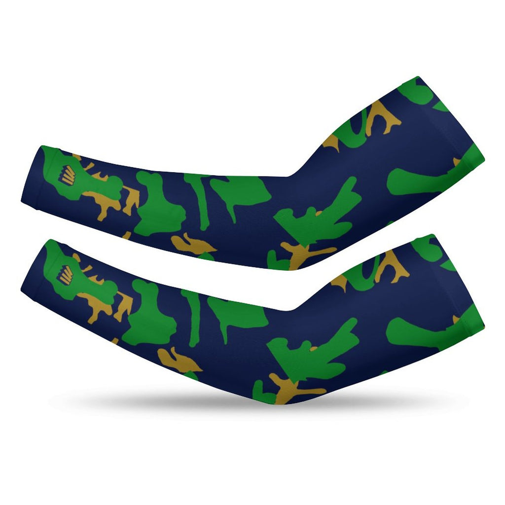 Athletic sports compression arm sleeve for youth and adult football, basketball, baseball, and softball printed with camo navy blue, gold, and green colors. 
