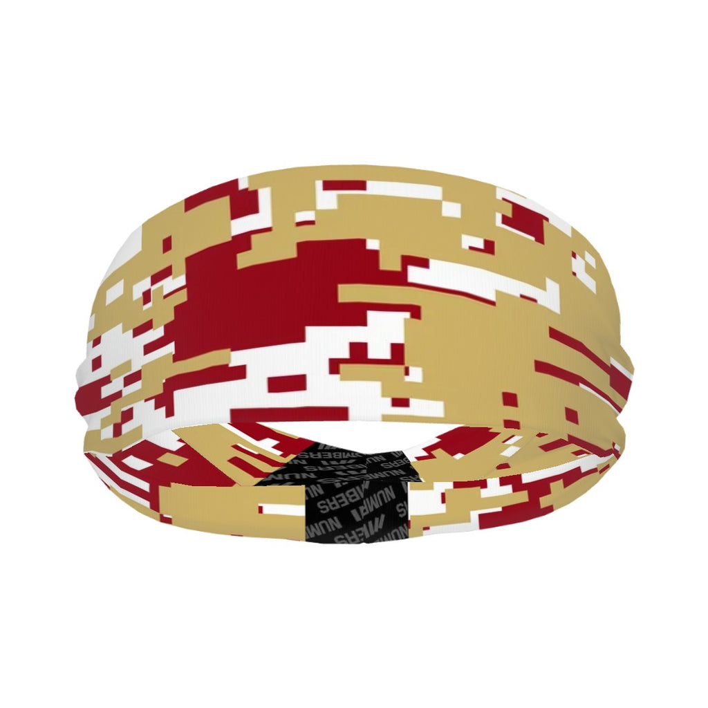 Athletic sports sweatband wide headband for youth and adult football, basketball, baseball, softball, gym workout, printed with maroon, gold, and white colors. 