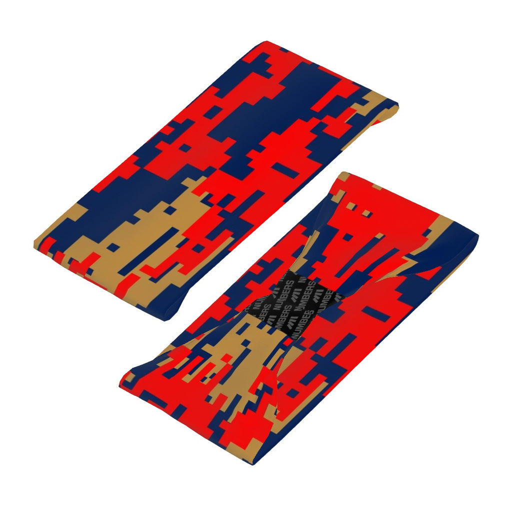 Athletic sports sweatband wide headband for youth and adult football, basketball, baseball, softball, gym workout, printed with navy blue, red, and gold colors. 