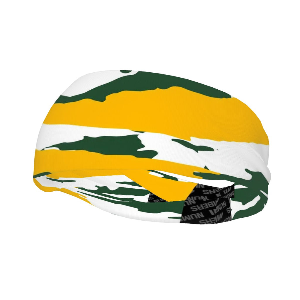 Athletic sports sweatband wide headband for youth and adult football, basketball, baseball, softball, gym workout, printed with green, yellow, and white colors. 