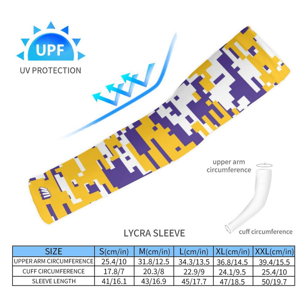 Athletic sports compression arm sleeve for youth and adult football, basketball, baseball, and softball printed with digicamo purple, yellow, and white colors. 
