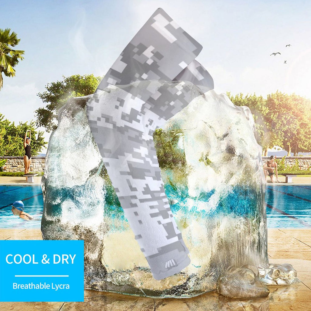 Athletic sports compression arm sleeve for youth and adult football, basketball, baseball, and softball printed with digicamo gray and white colors. 