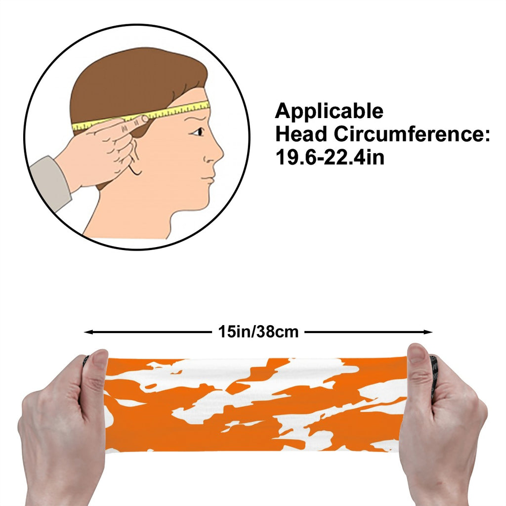 Athletic sports sweatband wide headband for youth and adult football, basketball, baseball, softball, gym workout, printed with orange, and white colors. 