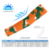 Athletic sports compression arm sleeve for youth and adult football, basketball, baseball, and softball printed with camo orange, green, and white colors. 
