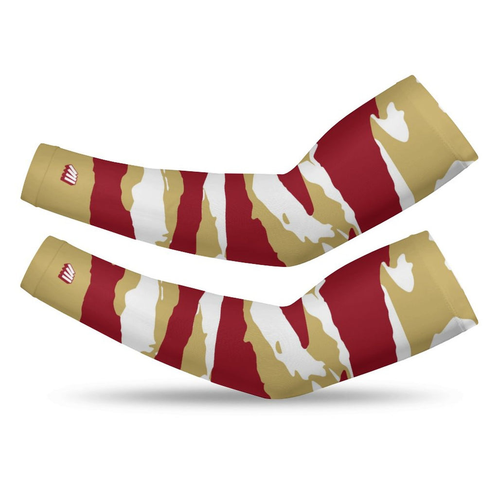 Athletic sports compression arm sleeve for youth and adult football, basketball, baseball, and softball printed with predator maroon, gold, and white colors.