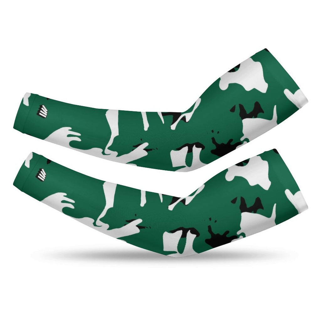 Athletic sports compression arm sleeve for youth and adult football, basketball, baseball, and softball printed with camo green, white, and black colors. 