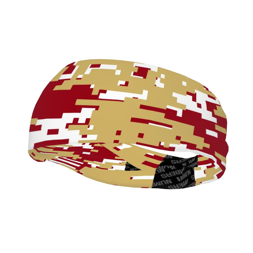 Athletic sports sweatband wide headband for youth and adult football, basketball, baseball, softball, gym workout, printed with maroon, gold, and white colors. 
