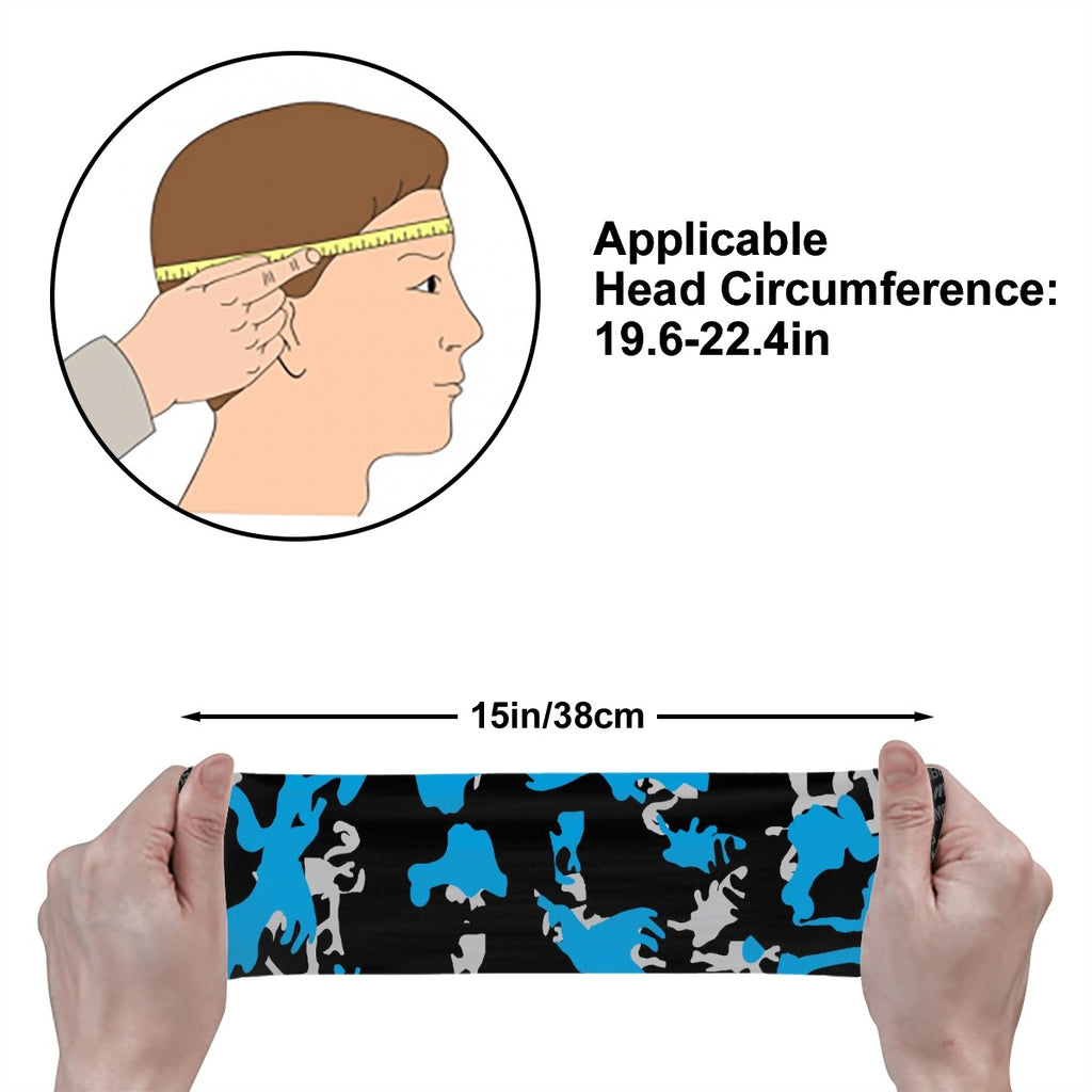 Athletic sports sweatband wide headband for youth and adult football, basketball, baseball, softball, gym workout, printed with blue, gray, and black colors.
