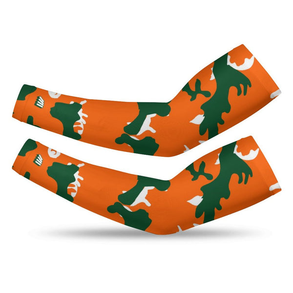 Athletic sports compression arm sleeve for youth and adult football, basketball, baseball, and softball printed with camo orange, green, and white colors. 
