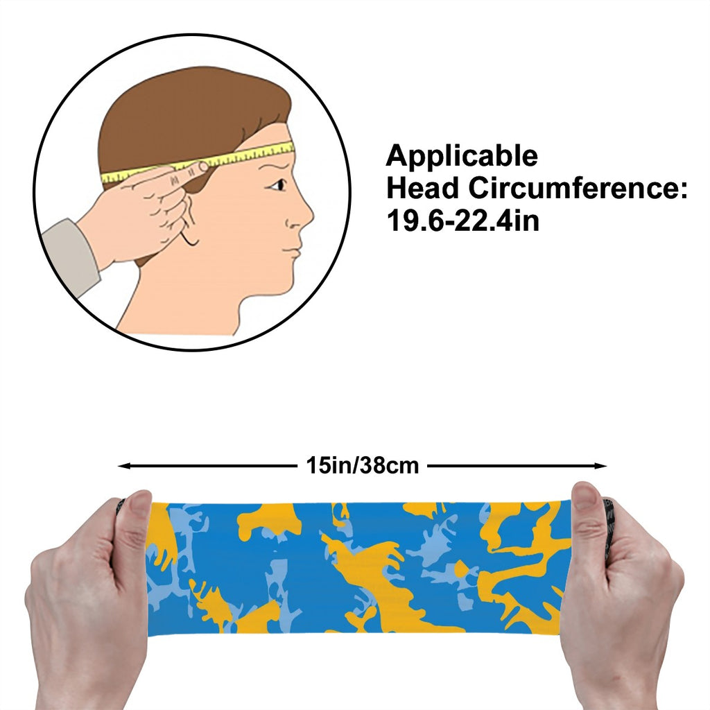 Athletic sports sweatband wide headband for youth and adult football, basketball, baseball, softball, gym workout, printed with light blue, powder blue, and yellow colors.