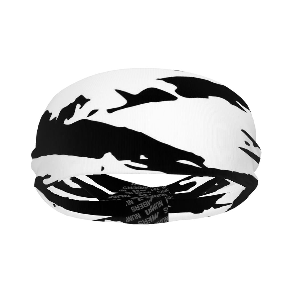 Athletic sports sweatband wide headband for youth and adult football, basketball, baseball, softball, gym workout, printed with black, and white colors. 