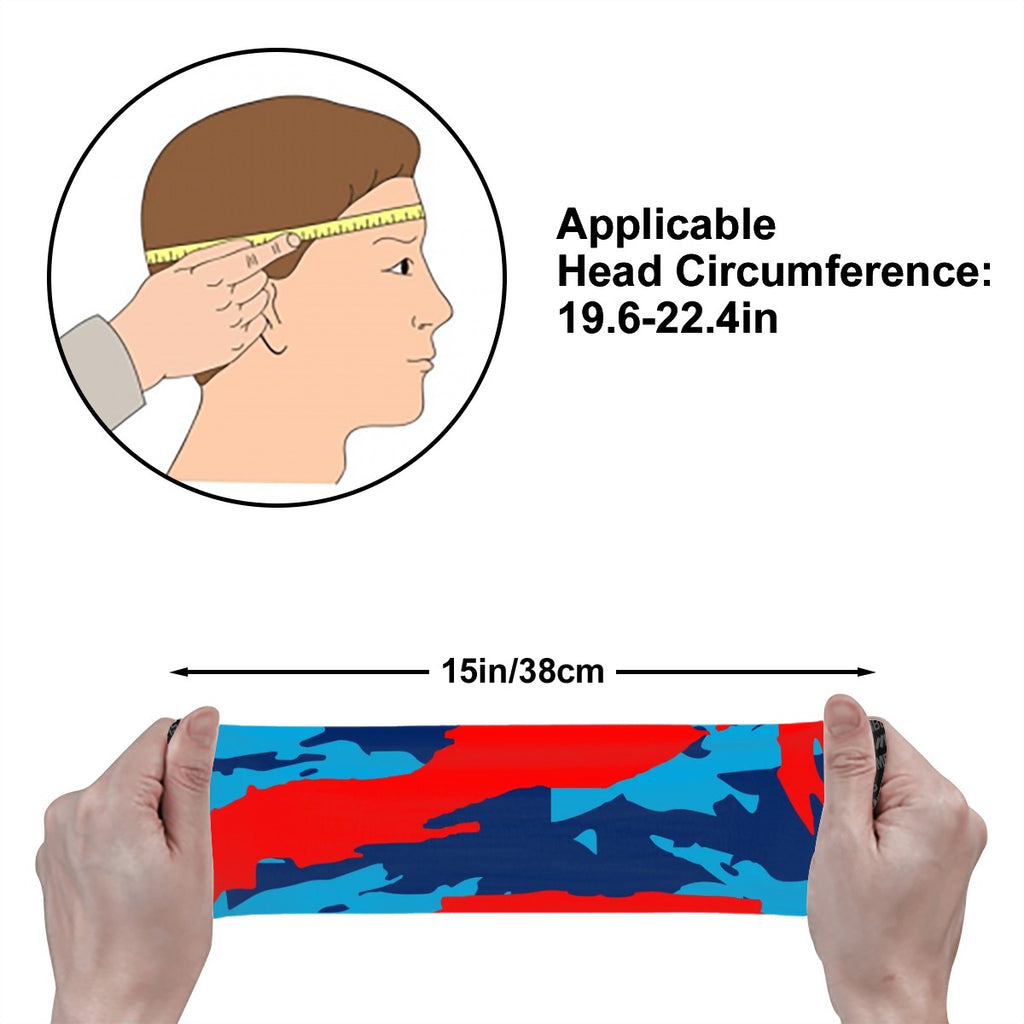Athletic sports sweatband wide headband for youth and adult football, basketball, baseball, softball, gym workout, printed with navy blue, baby blue, and red colors.