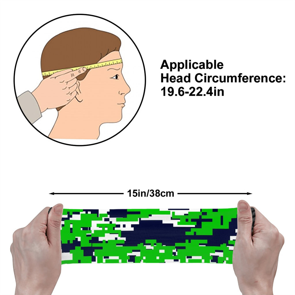 Athletic sports sweatband wide headband for youth and adult football, basketball, baseball, softball, gym workout, printed with green, blue, and white colors.