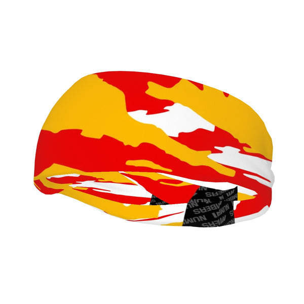 Athletic sports sweatband wide headband for youth and adult football, basketball, baseball, softball, gym workout, printed with red, yellow, and white colors. 
